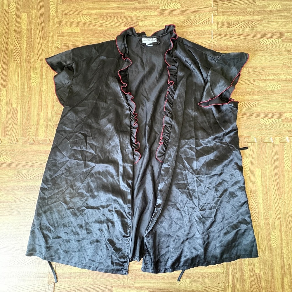 Cinema Etoile Womens 2XL Black Red Satin Ruffle Robe Lingerie Sleepwear - Picture 2 of 7